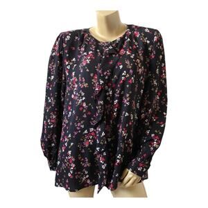 Ann Taylor Black Floral Ruffle Front Button Up Blouse Long Sleeve Womens Large